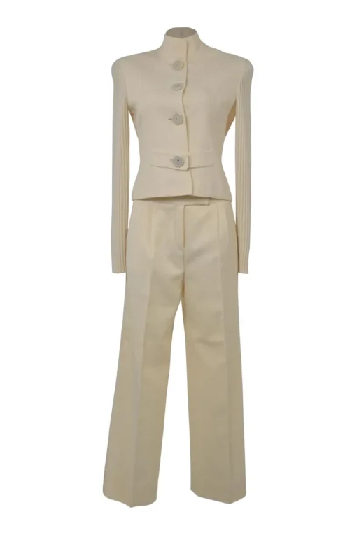 Ivory wool funnel collar button-front mixed-media jacket and pull-on wide-leg trouser leisure suit set