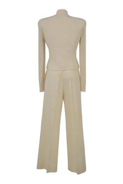 Ivory wool funnel collar button-front mixed-media jacket and pull-on wide-leg trouser leisure suit set