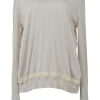 Ivory wool-silk blend mixed-media crewneck pullover swing-style sweater with plissé back panel