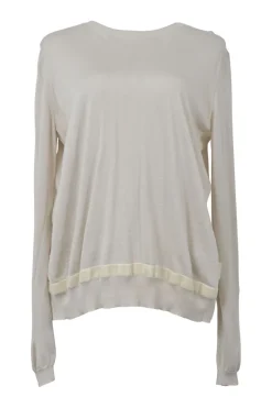 Ivory wool-silk blend mixed-media crewneck pullover swing-style sweater with plissé back panel