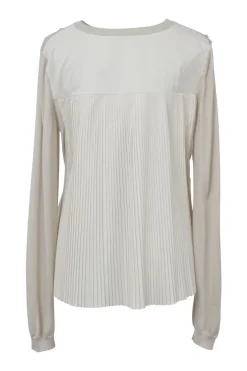 Ivory wool-silk blend mixed-media crewneck pullover swing-style sweater with plissé back panel