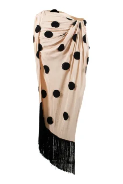 Jacquemus asymmetric skirt, in sand color with round circle embroidered and fringes