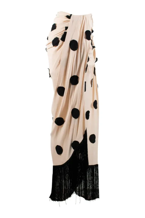 Jacquemus asymmetric skirt, in sand color with round circle embroidered and fringes