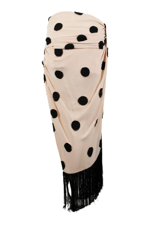 Jacquemus asymmetric skirt, in sand color with round circle embroidered and fringes