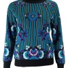 James Coviello x Anna Sui round neck pullover with turquoise, black and white stripes and purple flowers