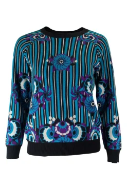 James Coviello x Anna Sui round neck pullover with turquoise, black and white stripes and purple flowers