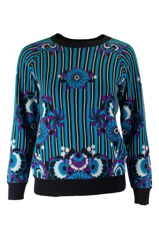 James Coviello x Anna Sui round neck pullover with turquoise, black and white stripes and purple flowers