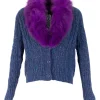 James Coviello x Anna Sui cable knit button up cardigan in melange blue and purple with removable fox collar in purple