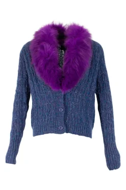 James Coviello x Anna Sui cable knit button up cardigan in melange blue and purple with removable fox collar in purple