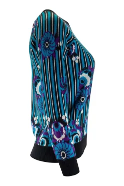 James Coviello x Anna Sui round neck pullover with turquoise, black and white stripes and purple flowers