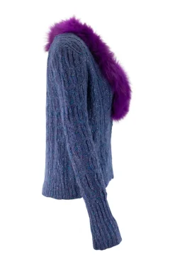 James Coviello x Anna Sui cable knit button up cardigan in melange blue and purple with removable fox collar in purple