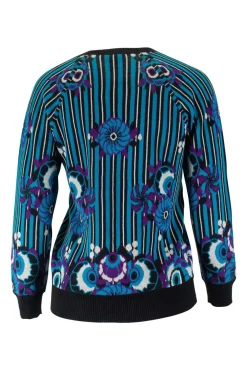 James Coviello x Anna Sui round neck pullover with turquoise, black and white stripes and purple flowers