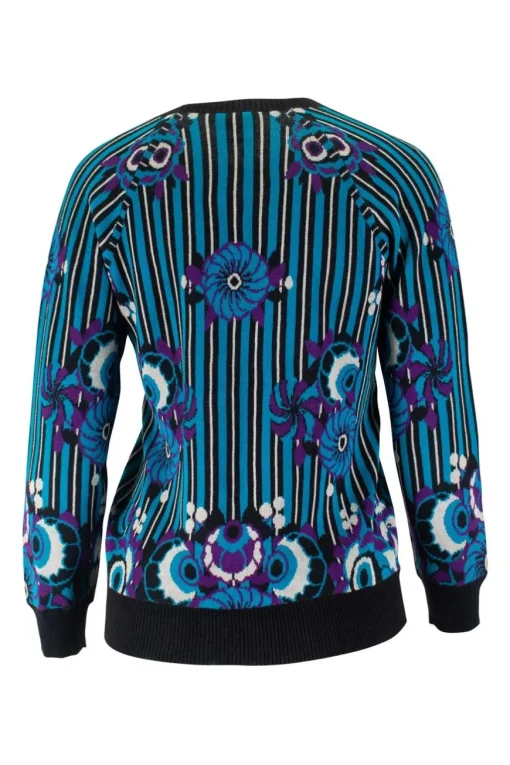 James Coviello x Anna Sui round neck pullover with turquoise, black and white stripes and purple flowers