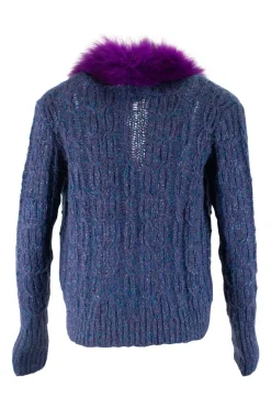 James Coviello x Anna Sui cable knit button up cardigan in melange blue and purple with removable fox collar in purple