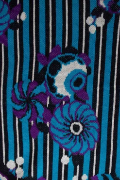 James Coviello x Anna Sui round neck pullover with turquoise, black and white stripes and purple flowers