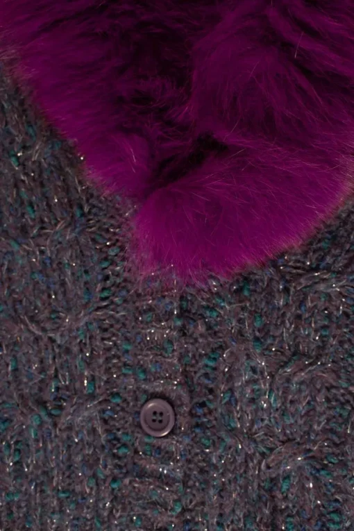 James Coviello x Anna Sui cable knit button up cardigan in melange blue and purple with removable fox collar in purple