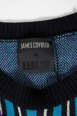 James Coviello x Anna Sui round neck pullover with turquoise, black and white stripes and purple flowers