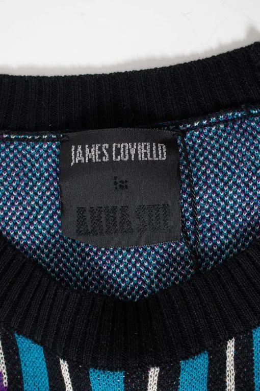 James Coviello x Anna Sui round neck pullover with turquoise, black and white stripes and purple flowers
