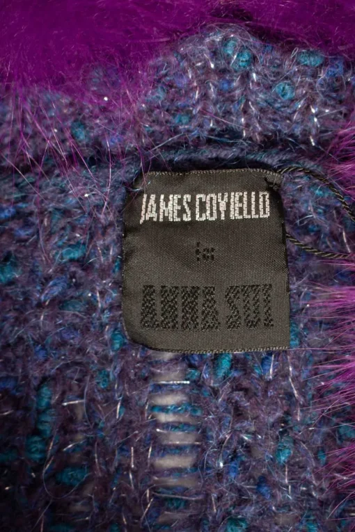 James Coviello x Anna Sui cable knit button up cardigan in melange blue and purple with removable fox collar in purple