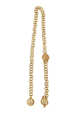 24-karat gold-plated metal Coco Mark medallion charm station chain belt with hook fastening