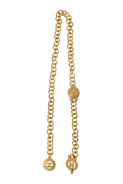 24-karat gold-plated metal Coco Mark medallion charm station chain belt with hook fastening