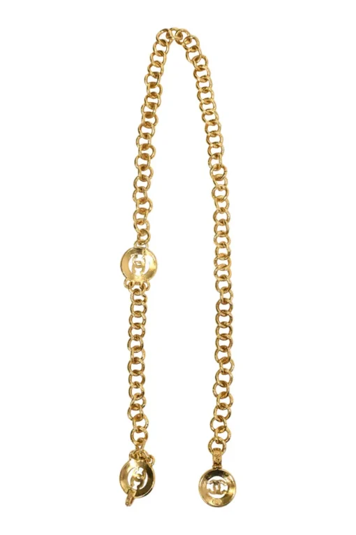 24-karat gold-plated metal Coco Mark medallion charm station chain belt with hook fastening