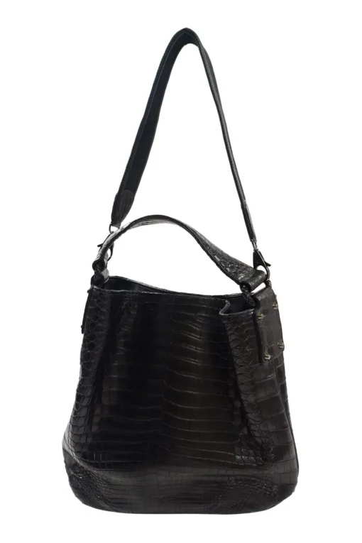 Kei Poon Black Croc Embossed Leather Shoulder Bag