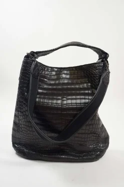 Kei Poon Black Croc Embossed Leather Shoulder Bag