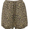 Khaki and black abstract graphic print bubble shorts with drawstring waist