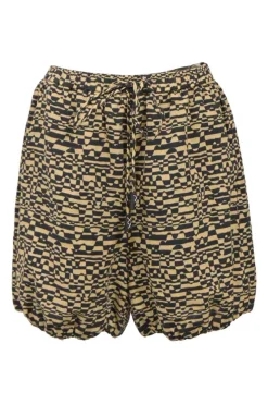 Khaki and black abstract graphic print bubble shorts with drawstring waist