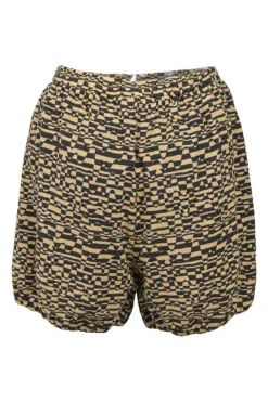 Khaki and black abstract graphic print bubble shorts with drawstring waist