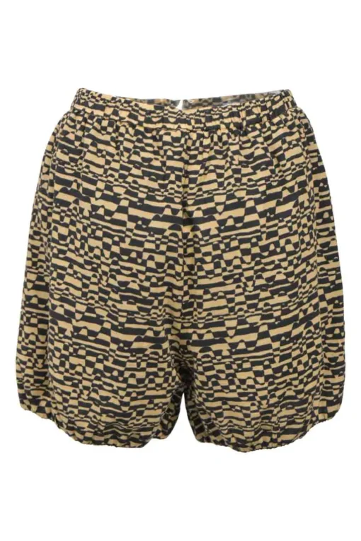 Khaki and black abstract graphic print bubble shorts with drawstring waist