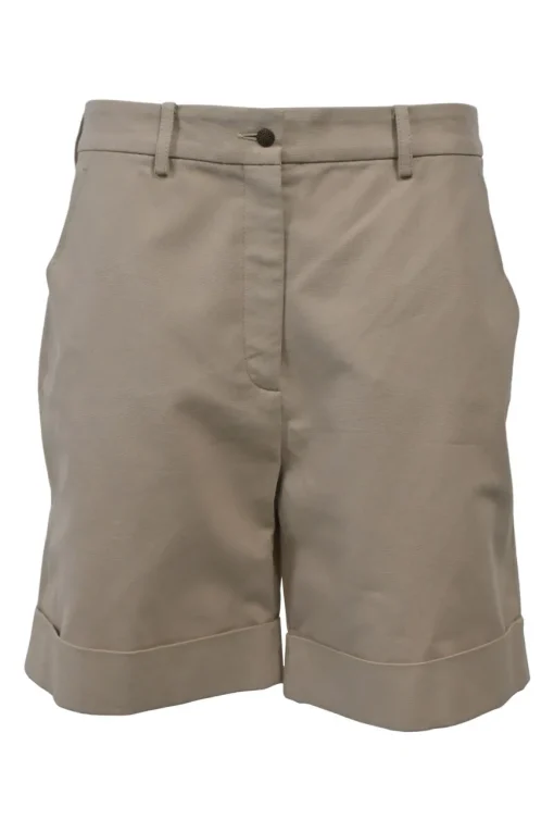 Khaki cotton gabardine low-rise bermudas with turn-up cuffs