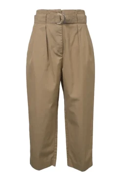 Khaki cotton gabardine pleat-front tapered leg belted trousers with paper-bag waist