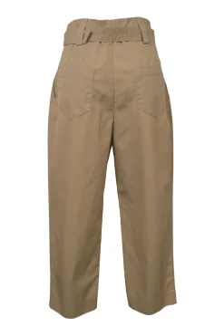 Khaki cotton gabardine pleat-front tapered leg belted trousers with paper-bag waist