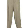 Khaki cotton gabardine pull-on pleat-front tailored trousers with belt tab cuffs