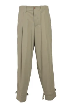 Khaki cotton gabardine pull-on pleat-front tailored trousers with belt tab cuffs