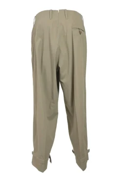 Khaki cotton gabardine pull-on pleat-front tailored trousers with belt tab cuffs