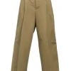 Khaki cotton gabardine tuck-pleat tailored trousers with extended tab closure and pull tab waist adjusters