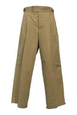 Khaki cotton gabardine tuck-pleat tailored trousers with extended tab closure and pull tab waist adjusters