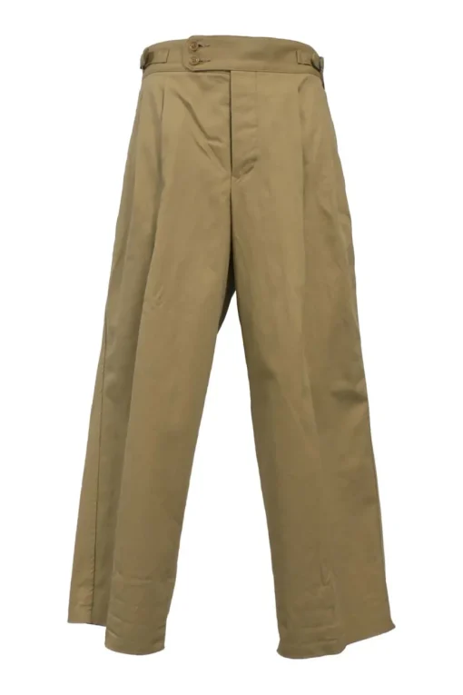 Khaki cotton gabardine tuck-pleat tailored trousers with extended tab closure and pull tab waist adjusters