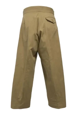Khaki cotton gabardine tuck-pleat tailored trousers with extended tab closure and pull tab waist adjusters