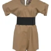 Khaki cotton jersey scoop-neck belted romper with rolled dolman sleeves