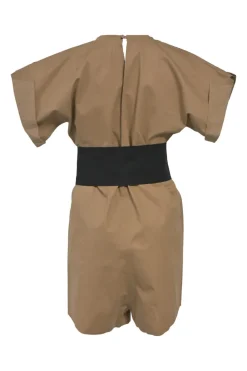 Khaki cotton jersey scoop-neck belted romper with rolled dolman sleeves