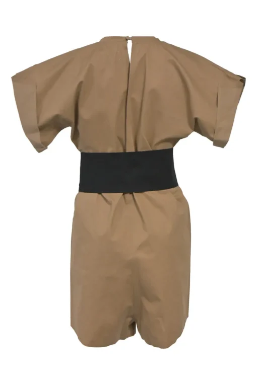 Khaki cotton jersey scoop-neck belted romper with rolled dolman sleeves