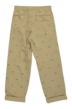 Khaki cotton twill straight leg printed chinos featuring logo and bulldog novelty motif