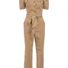 Khaki cotton-blend denim Tori spread collar puff sleeve half-button slip-on jumpsuit with self-tie fastening at waist