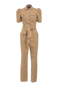 Khaki cotton-blend denim Tori spread collar puff sleeve half-button slip-on jumpsuit with self-tie fastening at waist