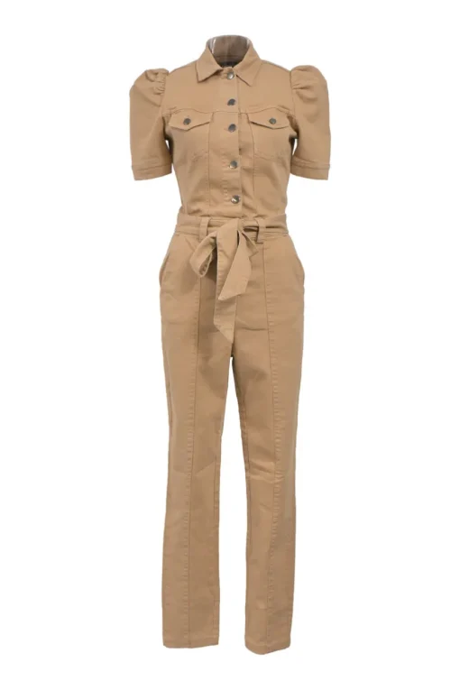 Khaki cotton-blend denim Tori spread collar puff sleeve half-button slip-on jumpsuit with self-tie fastening at waist