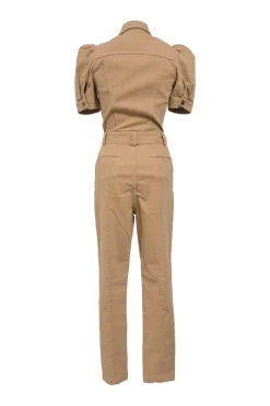 Khaki cotton-blend denim Tori spread collar puff sleeve half-button slip-on jumpsuit with self-tie fastening at waist